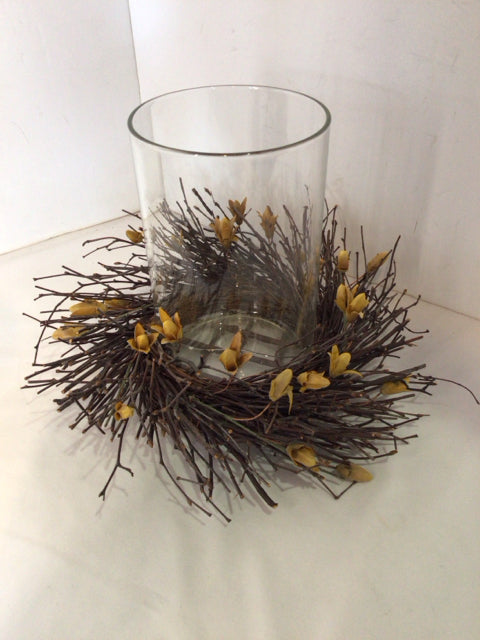 Vase Clear/Brown Glass & Wood Hurricane Flowers Candle Holder