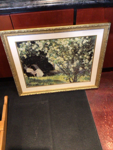 Impressionism Green/Blue Woman Garden Framed Art