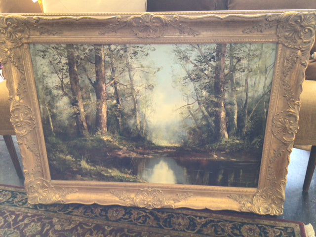 Vintage Green/Blue Landscape Trees Framed Art