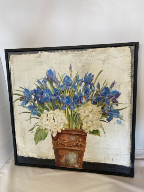 Signed White/Blue Canvas Flowers Framed Art