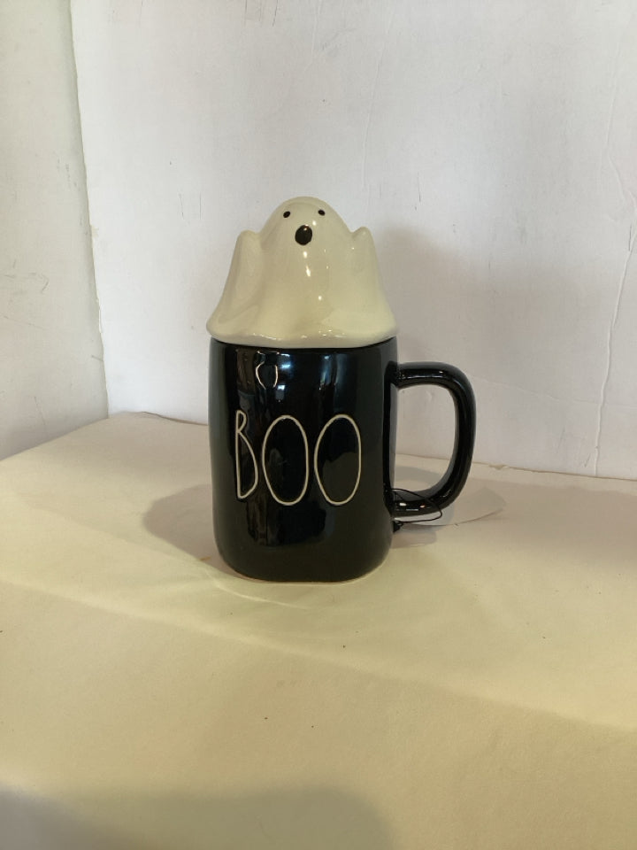 Rae Dunn Mug Black Ceramic BOO Lidded Holiday Item