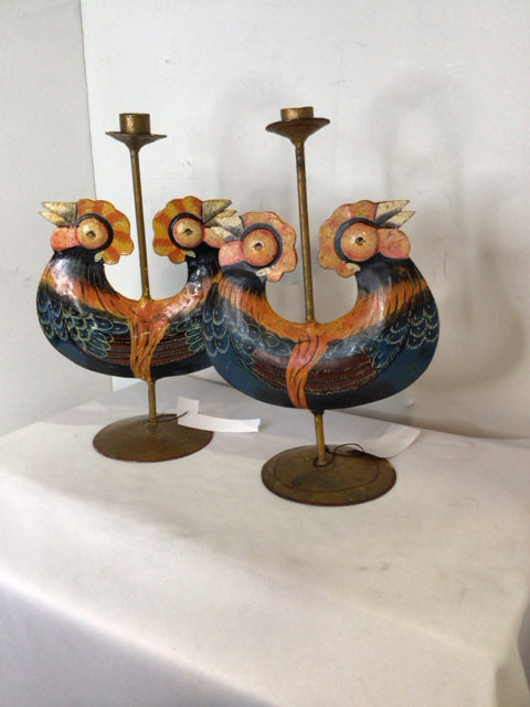 Vintage Pair Orange/Blue Metal Rooster Candle Holders