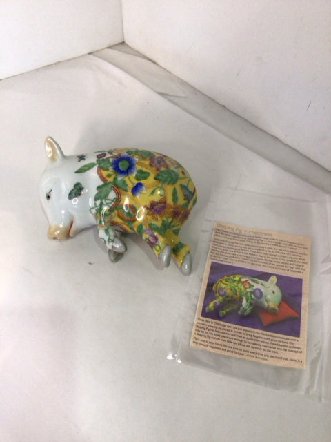 Vintage Chinese Multi-Color Porcelain Pig Floral Figurine