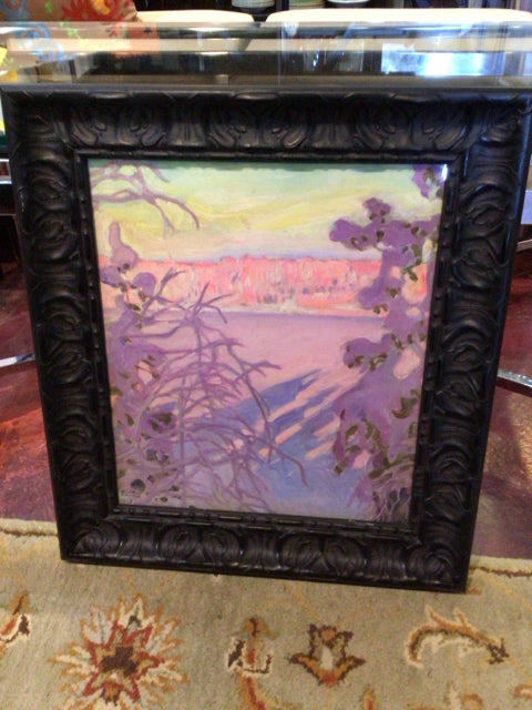 Signed Purple/Yellow Painting Winter Scene Framed Art