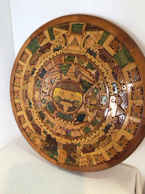 Aztec Wood Calender Carved Brown/Green Wall Decoration Art