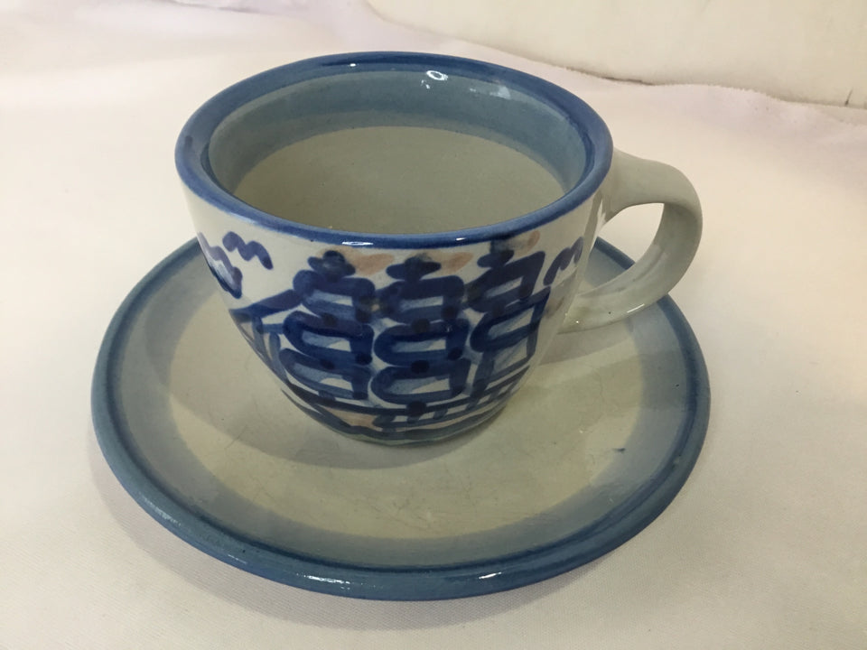 M.A. Hadley 2 Piece Gray/Blue Stoneware Cup/Saucer
