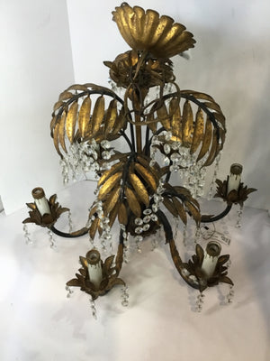 Rococo Antiqued Gold Metal Crystal Leaves Chandelier