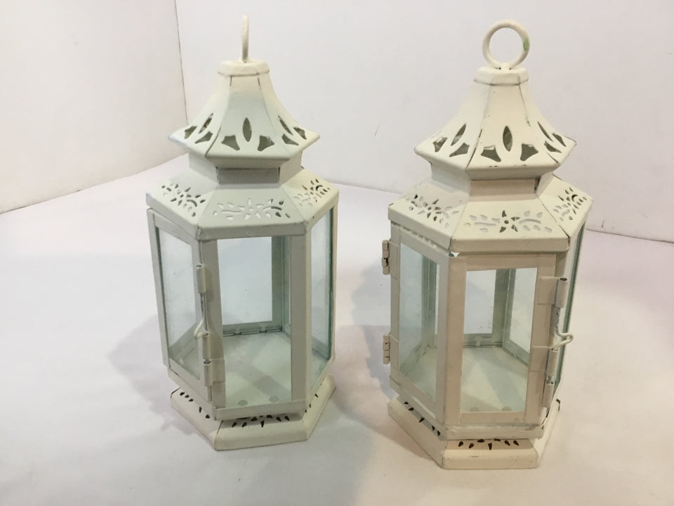 Pair White Metal Candle Holder Lantern