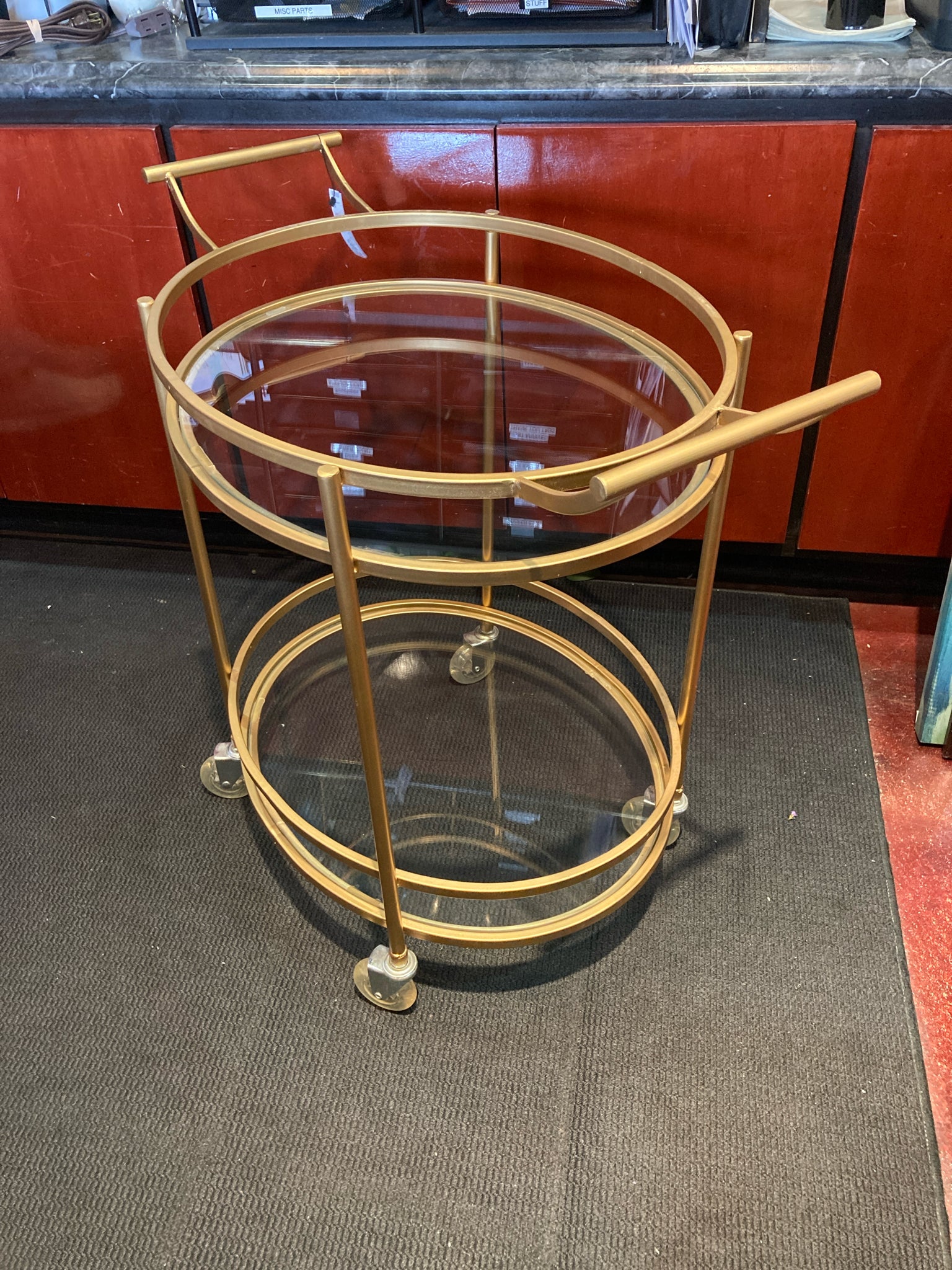 Bar Metal/Glass Tiered On Casters Gold Cart