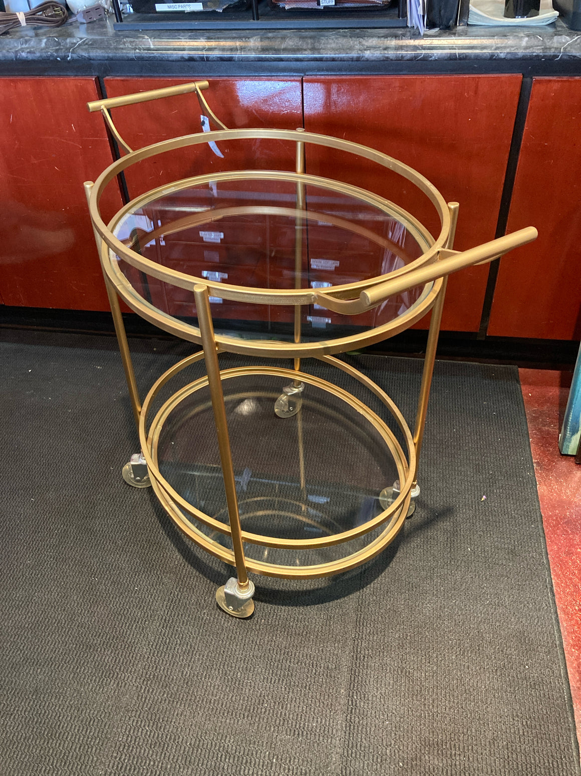 Bar Metal/Glass Tiered On Casters Gold Cart