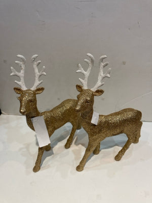 Vintage Glitter Gold/White Plastic Reindeer Set of 2 Holiday Item