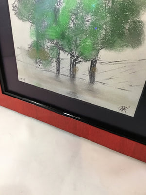 Signed Green/Red Trees Framed Art