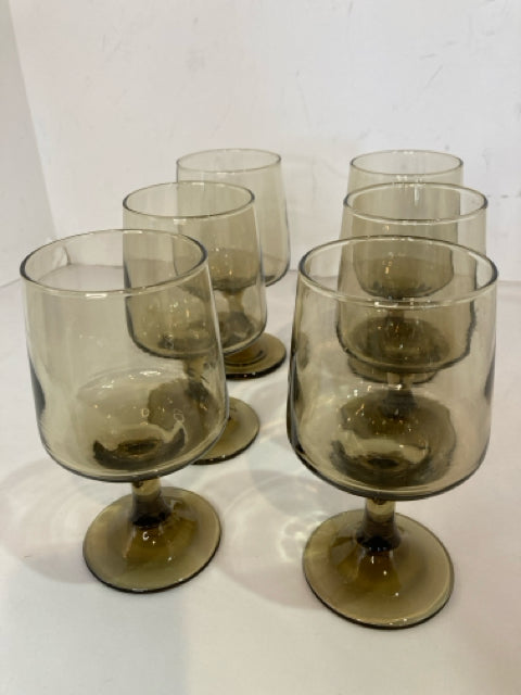 Set of 6 Brown Glass Stemmed Glasses