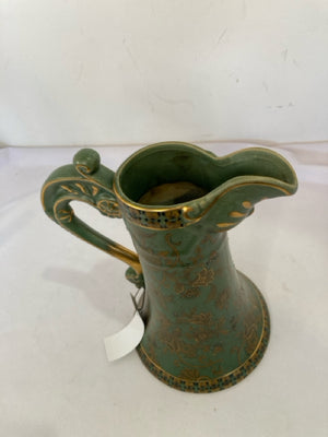 Vintage Asian Green/Gold Pottery Pitcher