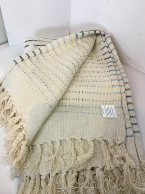 Cream/Blue Cotton Fringe Blanket