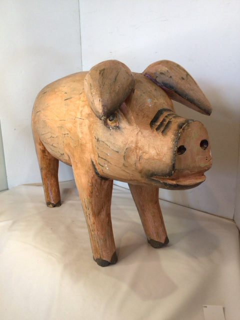 Vintage Hand Carved Pink Wood Pig As Is Sculpture