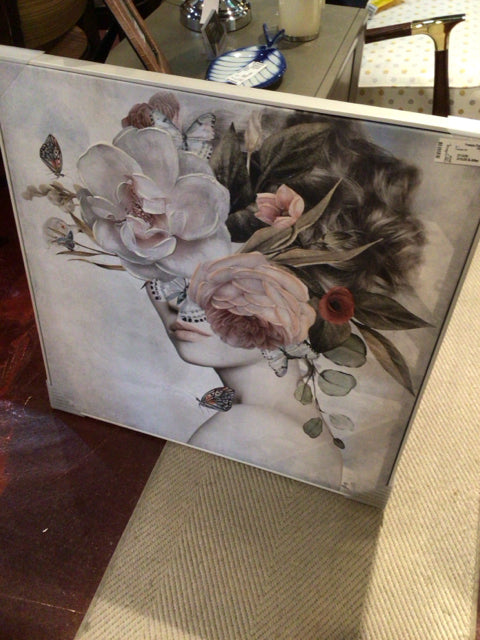 Pink/Gray Canvas Woman Flowers Framed Art