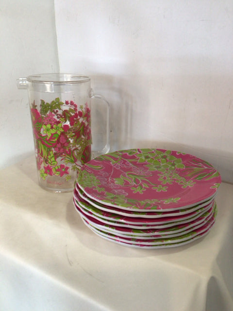 Outdoor/Outside Pink/Green Melamine Dish Set
