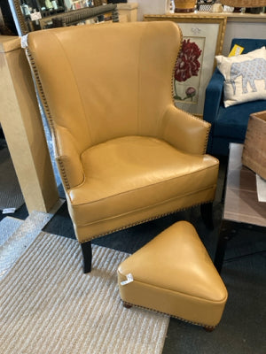 Wing Back Vinyl NailHead Gold Chair & Ottoman