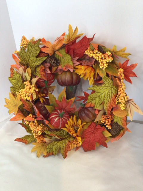 Fall Orange/Brown Leaves Pumpkins Wreath