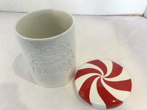 Canister White/Red Ceramic Christmas Holiday Item