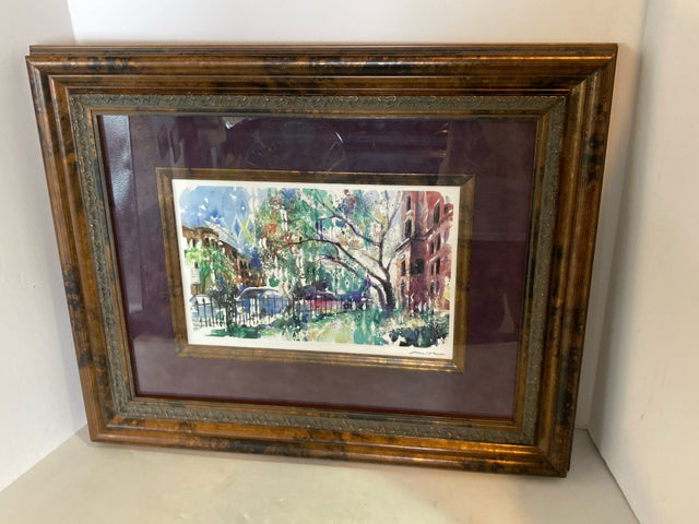 Impressionism Purple/Blue Street Scene Signed Framed Art