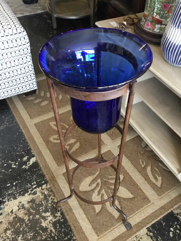 Brown/Blue Metal/Glass Plant Holder