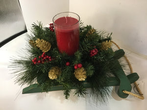 Centerpiece Red/Green Wood Candle Sled Holiday Item