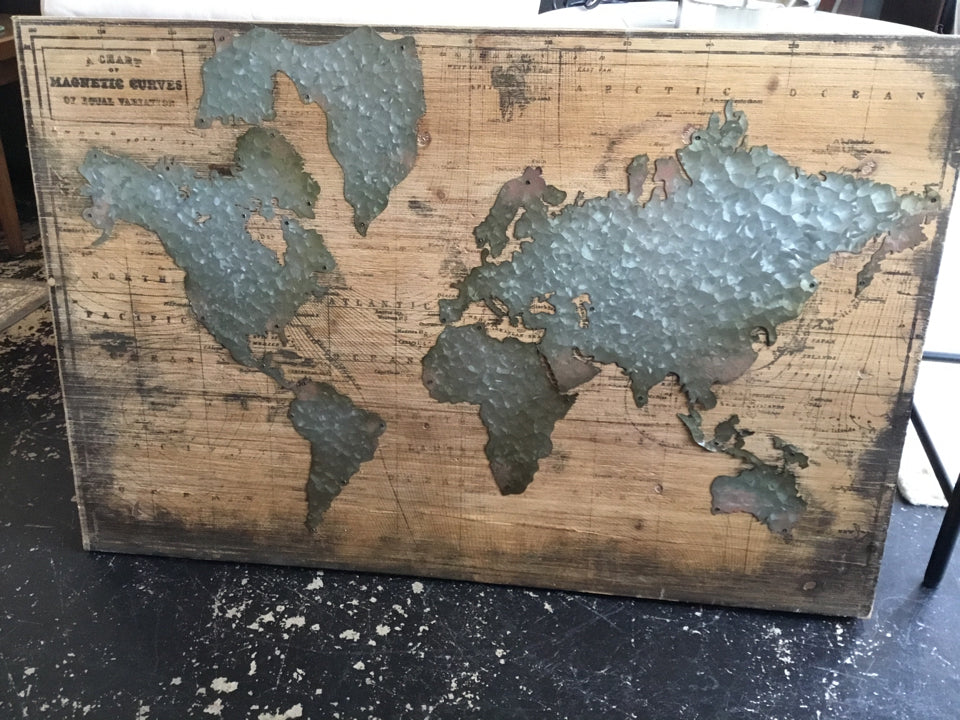 Rustic Wood/Metal Global Map Brown/Gray Wall Decoration