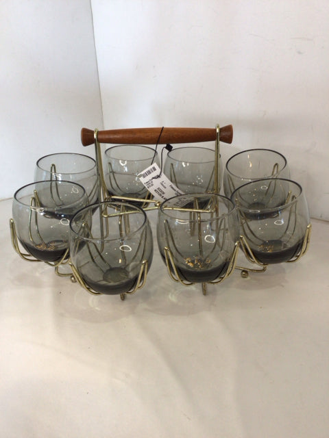 Vintage Set of 8 Smoke Glass/Metal In Holder Glasses