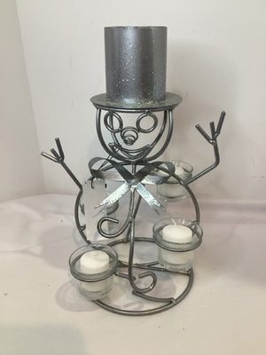 Candle Holder Silver Metal Snowman Holiday Item