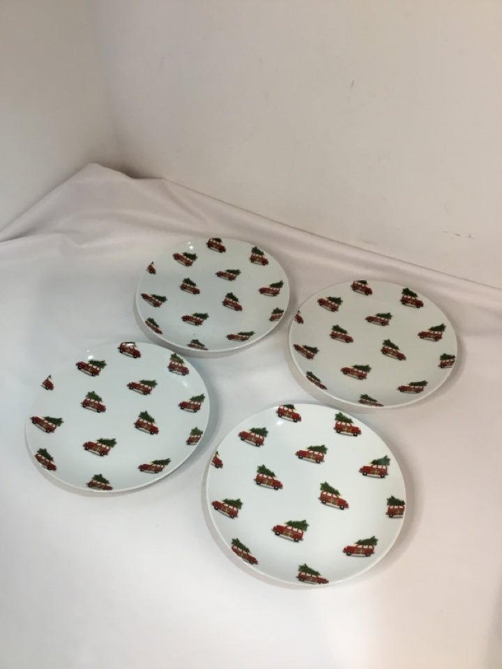 Pottery Barn Plate White/Red Stoneware Set of 4 Car Holiday Item