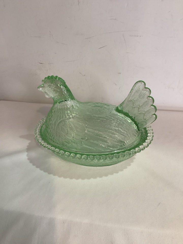 Indiana Glass Green Glass Hen Dish