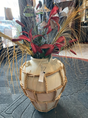 Oversized Cream Bamboo Pottery W/ Flowers Vase