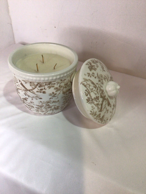 Lidded Cream/Brown Ceramic Birds Candle