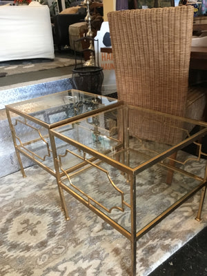 Pair Glass/Metal Tiered Gold Table