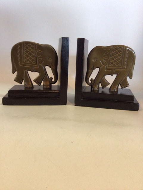 Pair Brass/Wood Elephant Book Ends