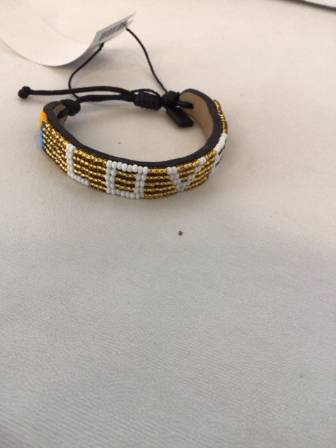 Leather Gold/white Beaded Bracelet
