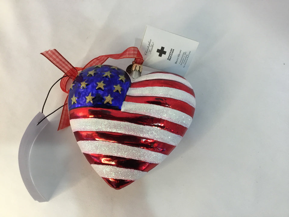 Christopher Radko Red, White & Blue Glass Heart Ornament Holiday Item