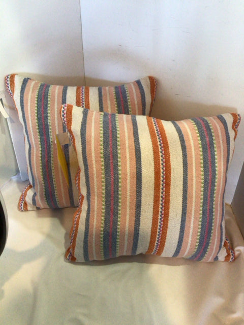 Pair White/Multi Cotton Stripe Pillow Set