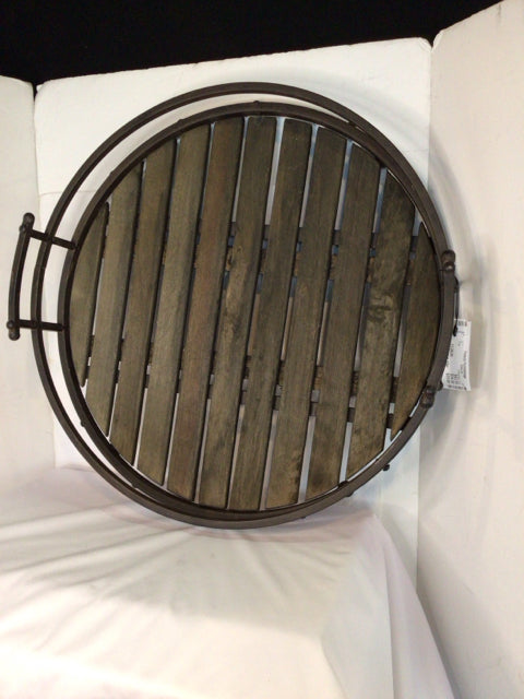 Industrial Gray Wood/Metal Round Tray