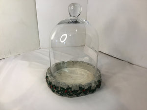 Cloche Green/Red Glass/Resin Holly 2 piece Holiday Item