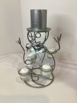 Candle Holder Silver Metal Snowman Holiday Item