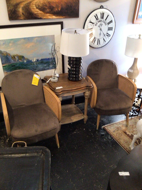 Mid-Century Velvet Pair Caned Tan Chair Set