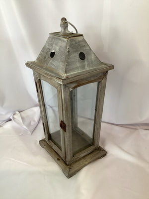 Vintage Candleholder Gray Wood/Metal Lantern