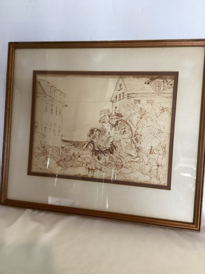 Signed Drawing Harbor Framed Art