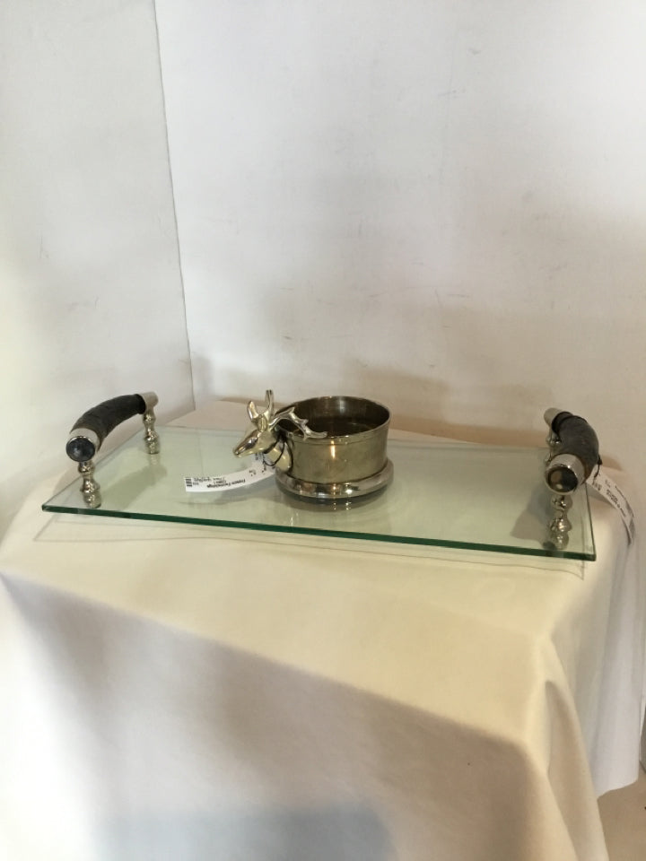 2 Piece Silver/Black Metal/Glass Deer Tray