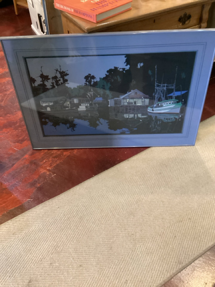 Signed Authentic Black/Blue Harbor Framed Art