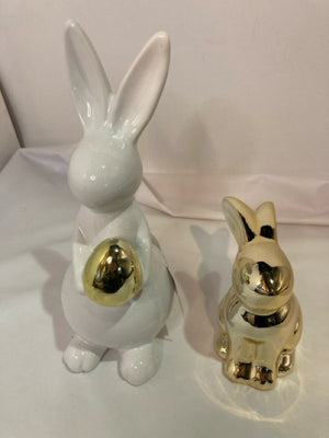 Easter White/Gold Ceramic Set of 2 Bunny Figurine