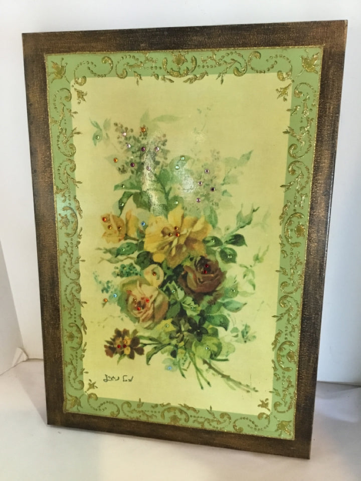 Michal Negrin Wood Floral Glitter Yellow Wall Decoration Art